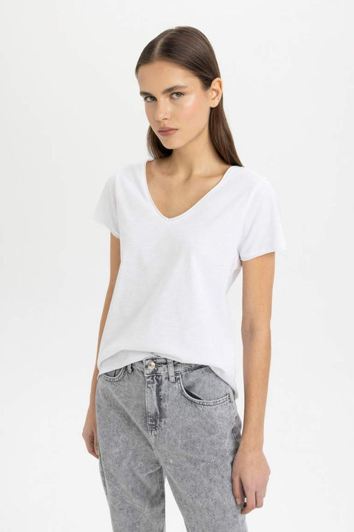Базовая футболка стандартного кроя с V-образным вырезом и короткими рукавами - Defacto фото 4