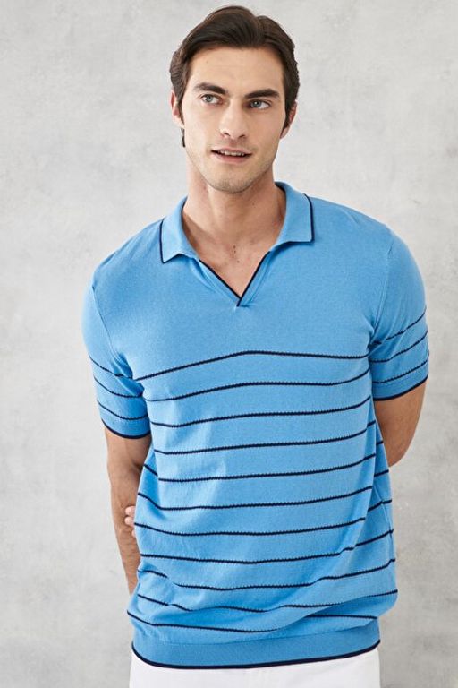 Standart Fit Normal Kesim %100 Pamuk Polo Yaka Mavi-Lacivert Triko Ti__rt 4A4922200201MLI