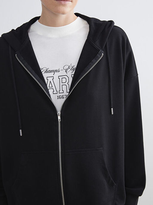 Kap??onlu Oversize Kad?n Fermuarl? Sweatshirt