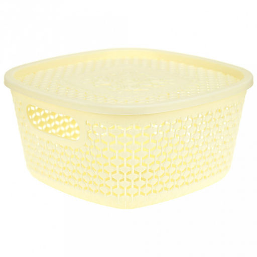 Домашняя мода Корзина-ящик пластмассовая Оренбургская сеточка 19,5х19,5см h10см, крышка с декором, с ручками, ванильный (Китай)