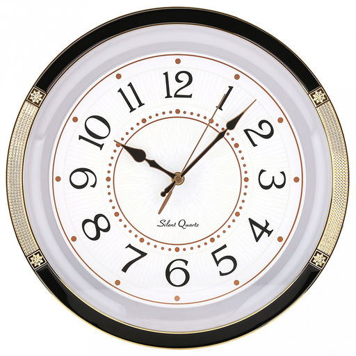Часы настенные "Мистерия" д34,8см, h5,2см, мягкий ход, циферблат белый/перламутровый; цифры арабские, черный; корпус пластик, прозрачный, обод черный с золотым декором; в коробке (Китай)