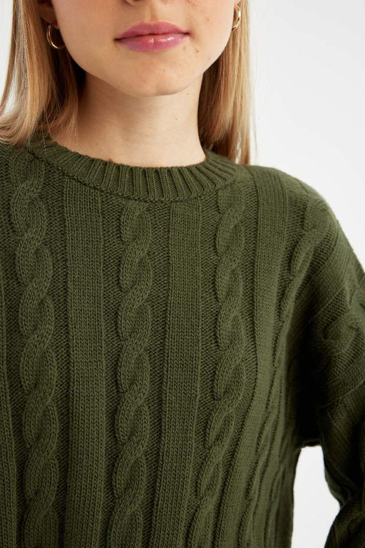 Женский плетеный трикотажный свитер обычного кроя с круглым вырезом и волосами - Defacto фото 4