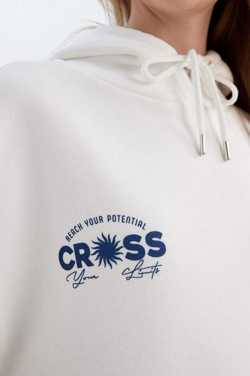 Женская белая толстая толстая толстовка оверсайз с широким кроем и капюшоном на спине - Defacto фото 7