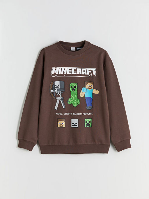 Bisiklet Yaka Minecraft Bask?l? Erkek ?ocuk Sweatshirt