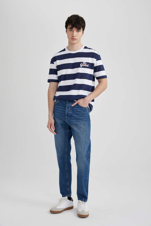 Футболка с короткими рукавами и круглым вырезом обычного кроя в полоску сзади с принтом - Defacto фото 2