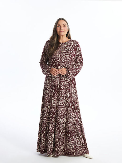 Bisiklet Yaka Desenli Uzun Kollu Elbise