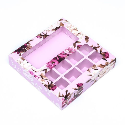 Цена за 5 шт. Коробка для 8 конфет шоколад, с окном, Розы 17.7?17.8?3.8 см Кондитерская упаковка