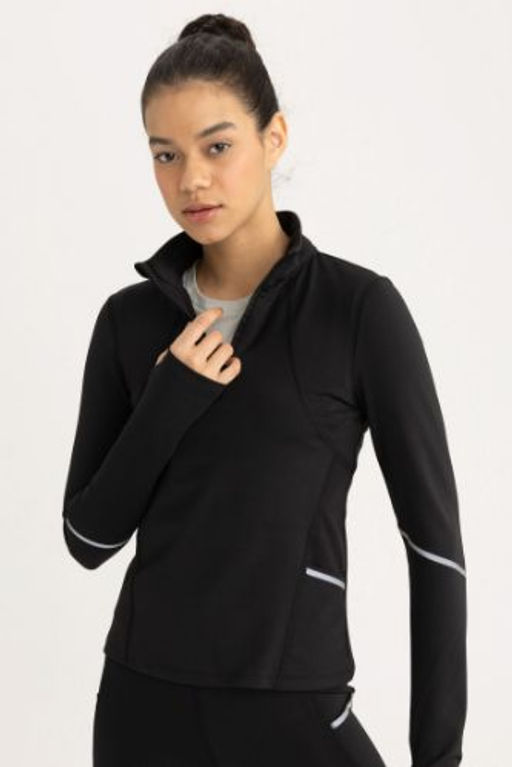 DeFactoFit Slim Fit Dar Kesim Dik Yaka Sporcu Uzun Kollu Ag?r Kumas Tisort