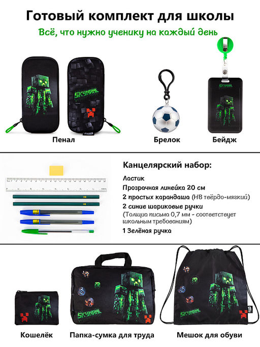 Рюкзак SkyName set-R9-3 + мешок для обуви, папка, пенал, кошелек, бейдж, канц.наб, бр. мячик, значки  фото 15