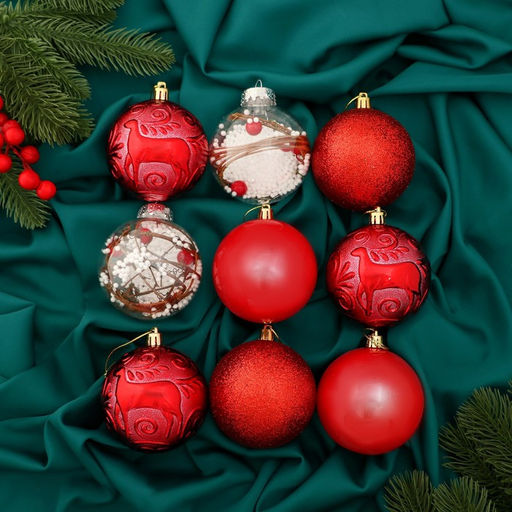 Ёлочные игрушки «Мелодия», шары новогодние, d=8 см, набор 9 шт., веточки глянец, красный