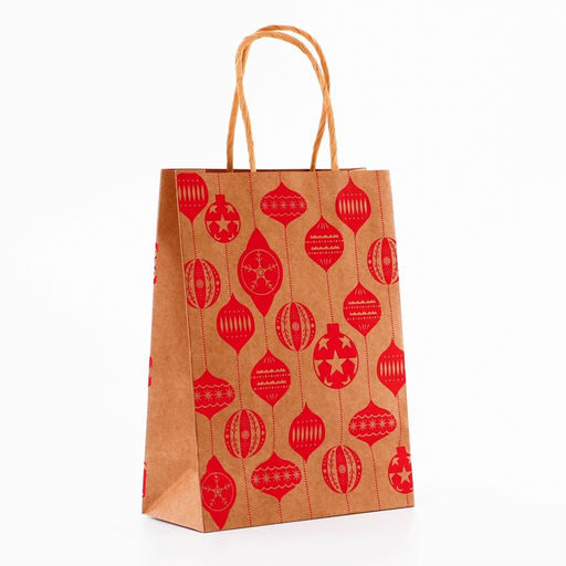 Цена за 4 шт. Пакет крафт с тиснением, круглая ручка, «Ёлочные игрушки» 15×21×8 см
