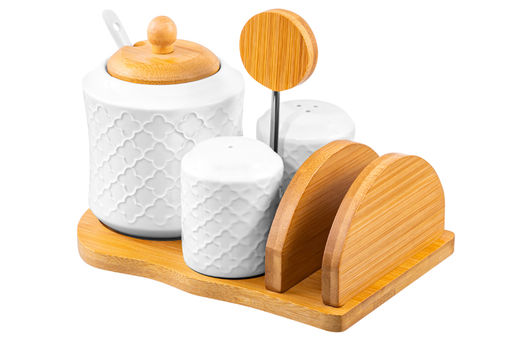 Набор - сахарница 350 мл Арабеск с ложкой + солонка + перечница + салфетница на дер.подст.с ручкой - Elan gallery фото 4