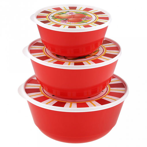 Миска пластмассовая "Bergamo" набор 3шт: 1л, 2л, 3л, с крышкой, с декором "Сицилия", красный (Россия)