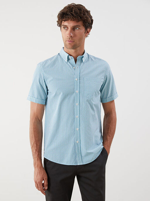 Regular Fit K?sa Kollu Ekose Poplin Erkek G?mlek