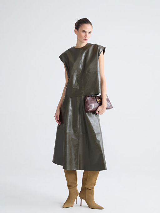 Bisiklet Yaka Deri G?r?n?ml? Bluz