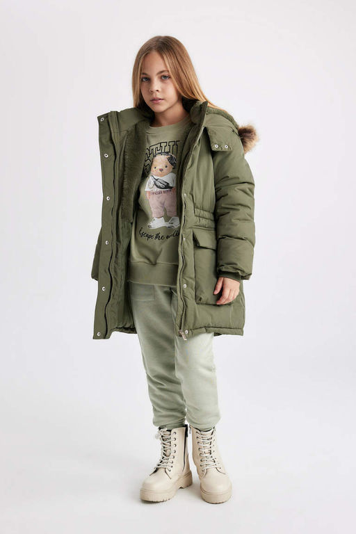 Водоотталкивающая куртка со съемным капюшоном и подкладкой из искусственного меха для девочек, пальто - Defacto фото 2