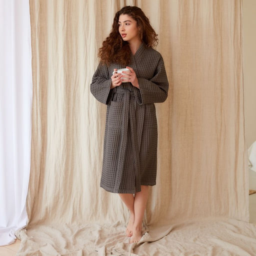 Халат вафельный женский удлинённый Этель «Boho» размер 50-52, цвет светло-серый, 100% хлопок, 290 г/м²