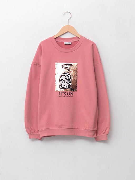 Bisiklet Yaka Bask?l? ?ift Y?nl? Payetli Uzun Kollu K?z ?ocuk Sweatshirt