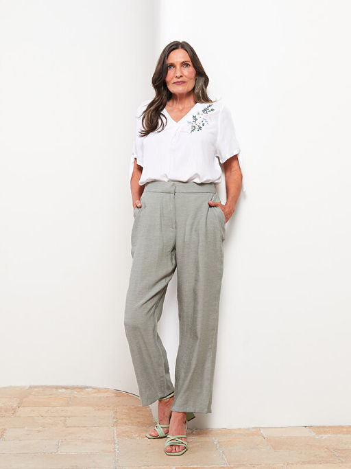 Kad?n Beli Lastikli Standart Fit D?z Pantolon