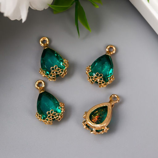 Цена за 4 шт. Декор для творчества пластик Капля с золотыми цветочками, морская волна кристалл, 2?1.2 см