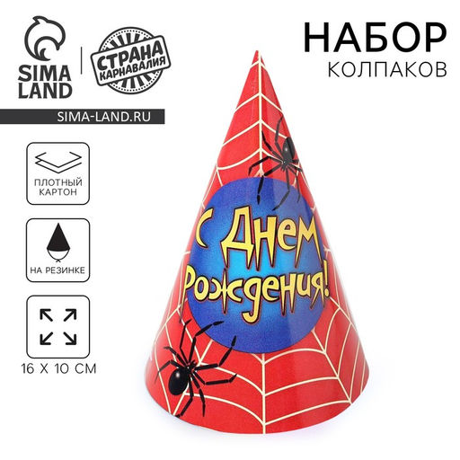 Цена за 10 шт. Колпак праздничный бумажный С днём рождения!, паутина,16 см