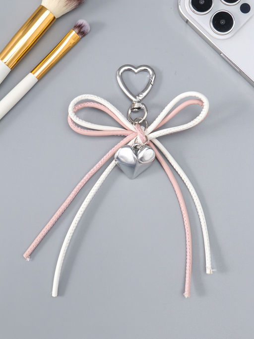 Брелок на карабине "Двойной бант с сердцем" бело-розовый 14х9х1,5 см