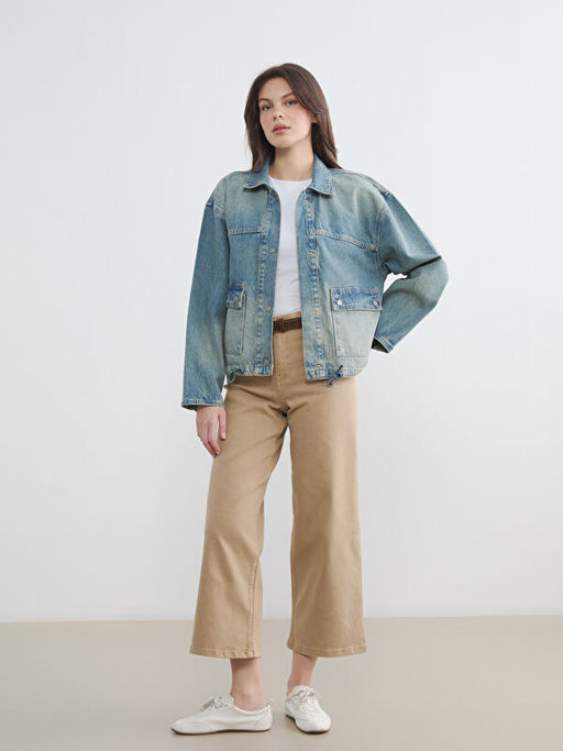 G?mlek Yaka Oversize Kad?n Jean Ceket