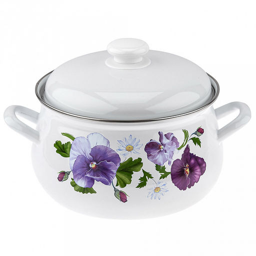 "Анютины глазки" Кастрюля эмалированная 4,5л, д25см, h35см, форма грушевидная, металлическая крышка (Россия)