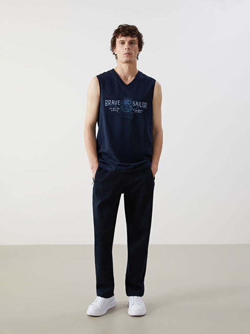 V Yaka Bask?l? Erkek Kolsuz Ti??rt