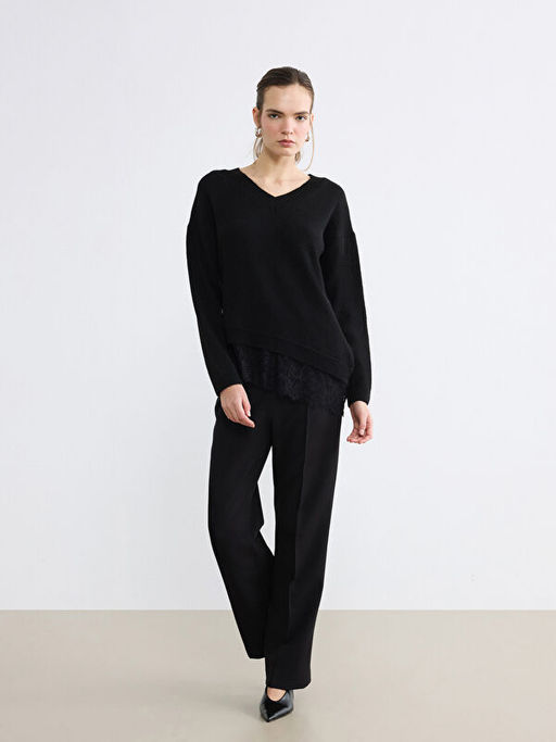 V Yaka Dantel Detayl? Kad?n Triko Kazak