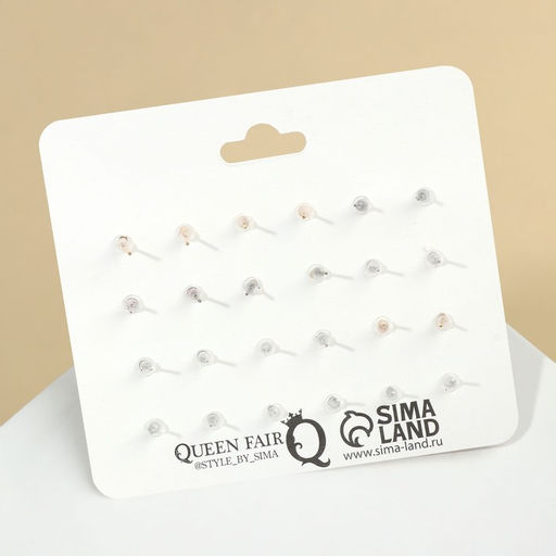 Пусеты 12 пар Фантазия сердечки, цвет красно-белый в золоте - Queen fair фото 2