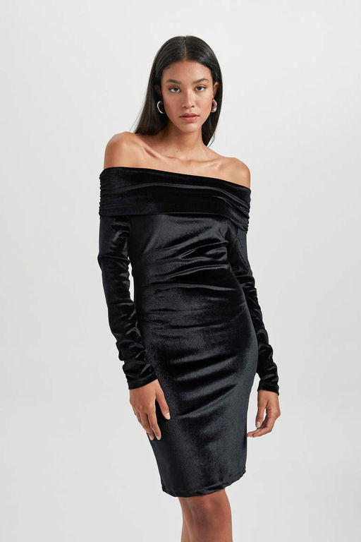 Черное велюровое мини-платье Bodycon с открытыми плечами и длинными рукавами - Defacto фото 3