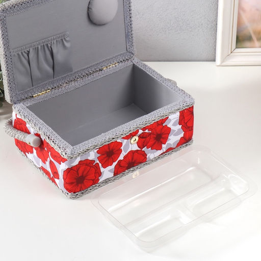 Шкатулка для рукоделия и шитья Красные маки на белом, хранение ниток, иголок, мелочи, 24?16?11 см