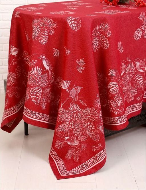 Скатерть Премиум Зимние птицы-красн. 150*220 см. п/лен - Лен поволжья фото 2