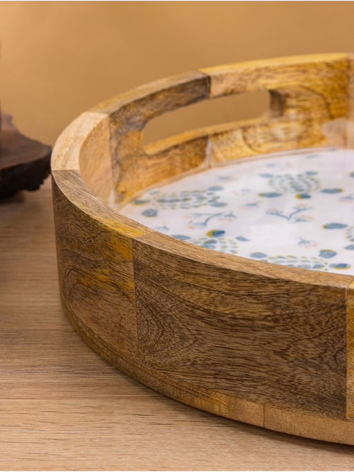 Поднос круглый с бортиками «Черепаха и цветы», 35×35×6.5 см, дерево манго