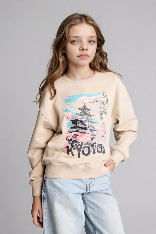 Relax Fit Bisiklet Yaka Bask_l_ Sweatshirt K_z _ocuk - Defacto фото 3