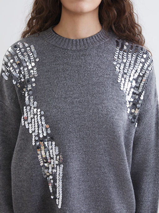 Bisiklet Yaka Pul ??lemeli Kad?n Triko Kazak