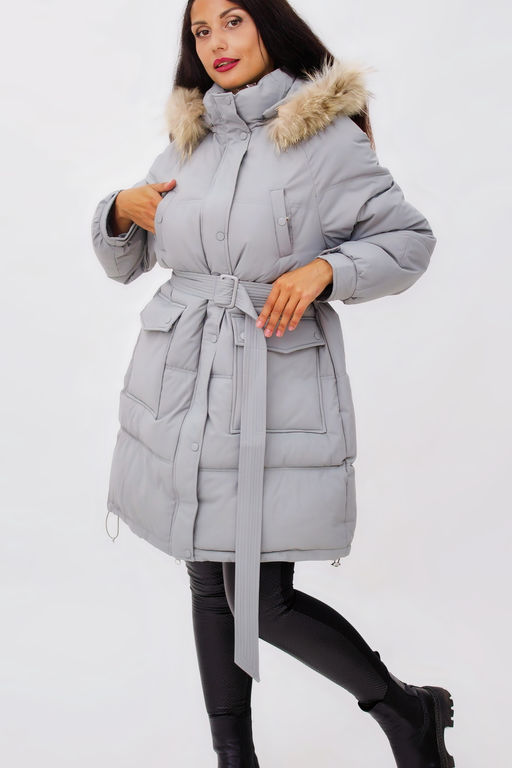 Зимняя куртка на поясе с натуральным мехом арт. 23226