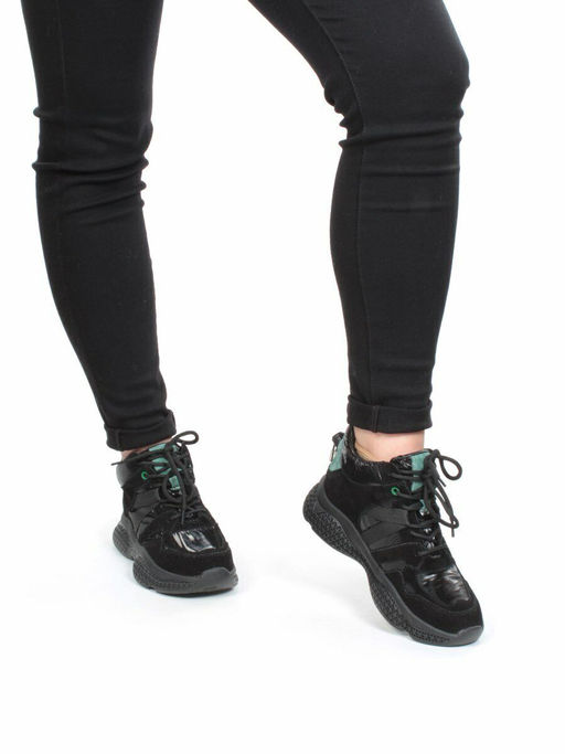 01-CSJ33-1 BLACK/GREEN Ботинки спортивные демисезонные женские (натуральная замша, байка) - Фабричный китай фото 3