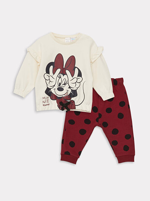 Bisiklet Yaka Uzun Kollu Minnie Mouse Bask?l? K?z Bebek 2li Tak?m