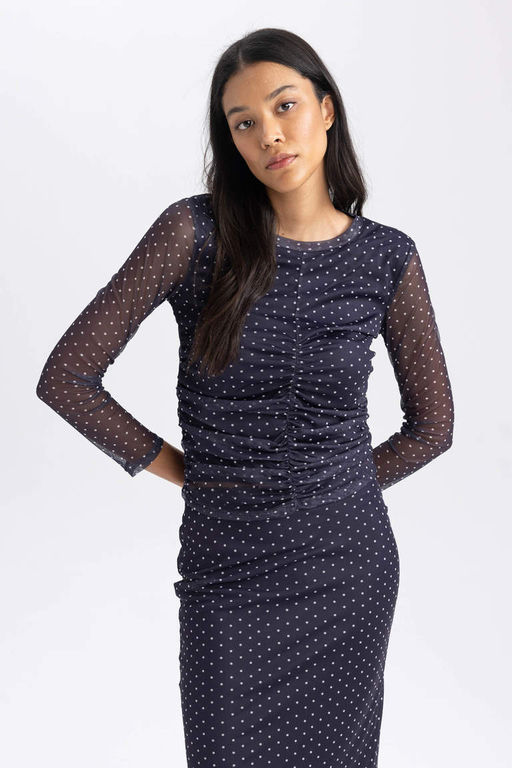 Облегающая футболка с длинным рукавом и круглым вырезом в горошек - Defacto фото 4