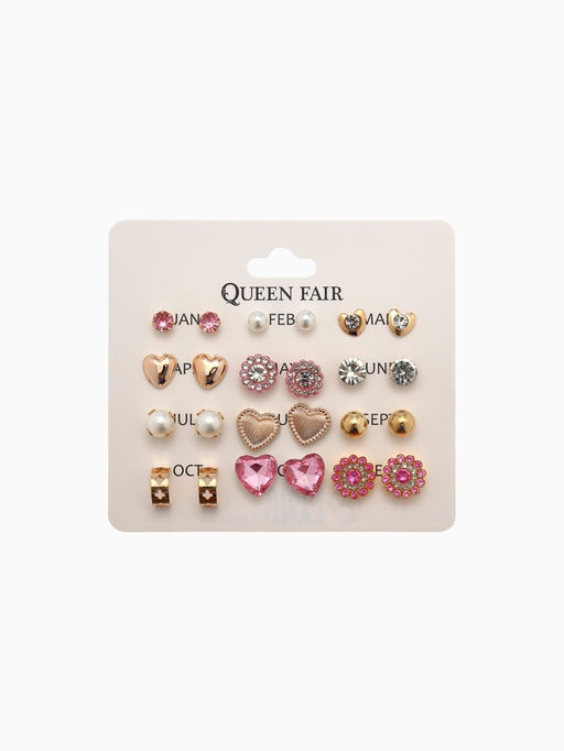 Цена за 2 шт. Серьги пусеты 12 пар «Фантазия» сердца, бело-розовый в золоте