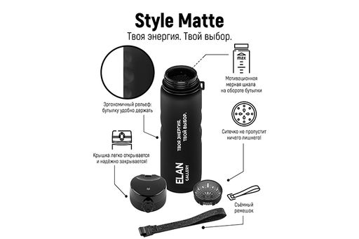 Бутылка для воды 1000 мл 7,8*7,8*28,5 см "Style Matte" с углублениями д/пальцев черная, мотивацион.