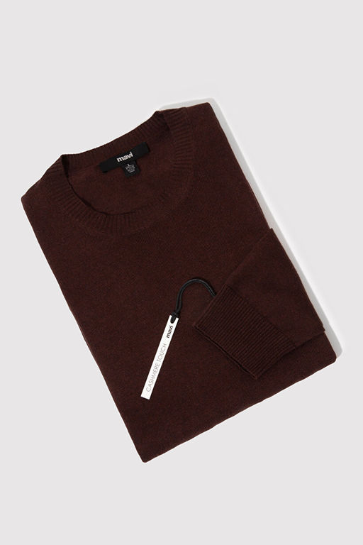 Bisiklet Yaka Kahverengi Kazak - Mavi фото 9