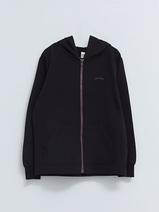 Kap??onlu Bask?l? Uzun Kollu Erkek ?ocuk Fermuarl? Sweatshirt