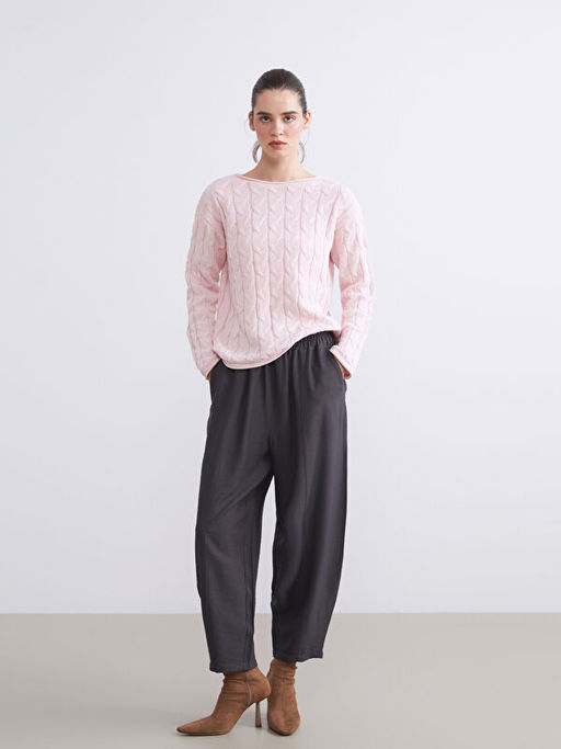 Kay?k Yaka Kendinden Desenli Kad?n Triko Kazak