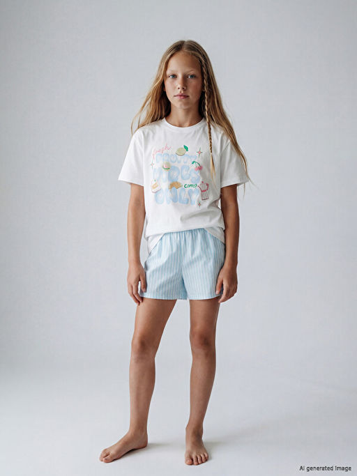 K?z ?ocuk Bask?l? ?ortlu Pijama Tak?m