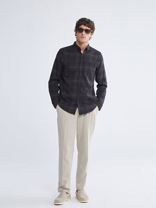 Regular Fit Uzun Kollu Ekose Gabardin Erkek G?mlek