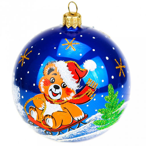 Елочная игрушка шар стеклянная Мишка на санках д8,5см, ручная художественная роспись, цвета микс, подарочная упаковка (Россия)