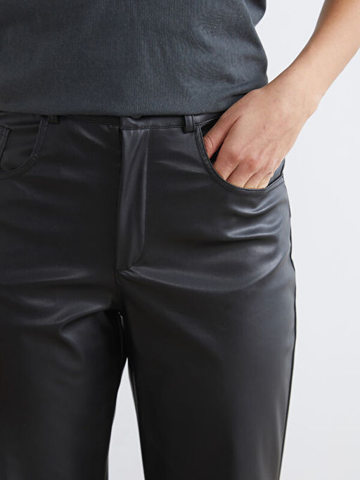 Regular Fit Deri G?r?n?ml? Kad?n Pantolon